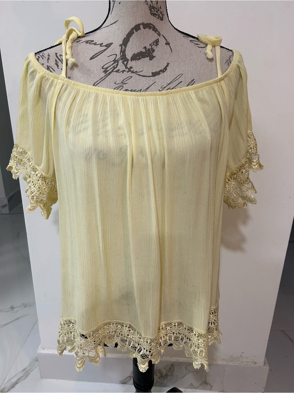 BCX Pale Yellow Off-Shoulder Tunic with Lace Trim